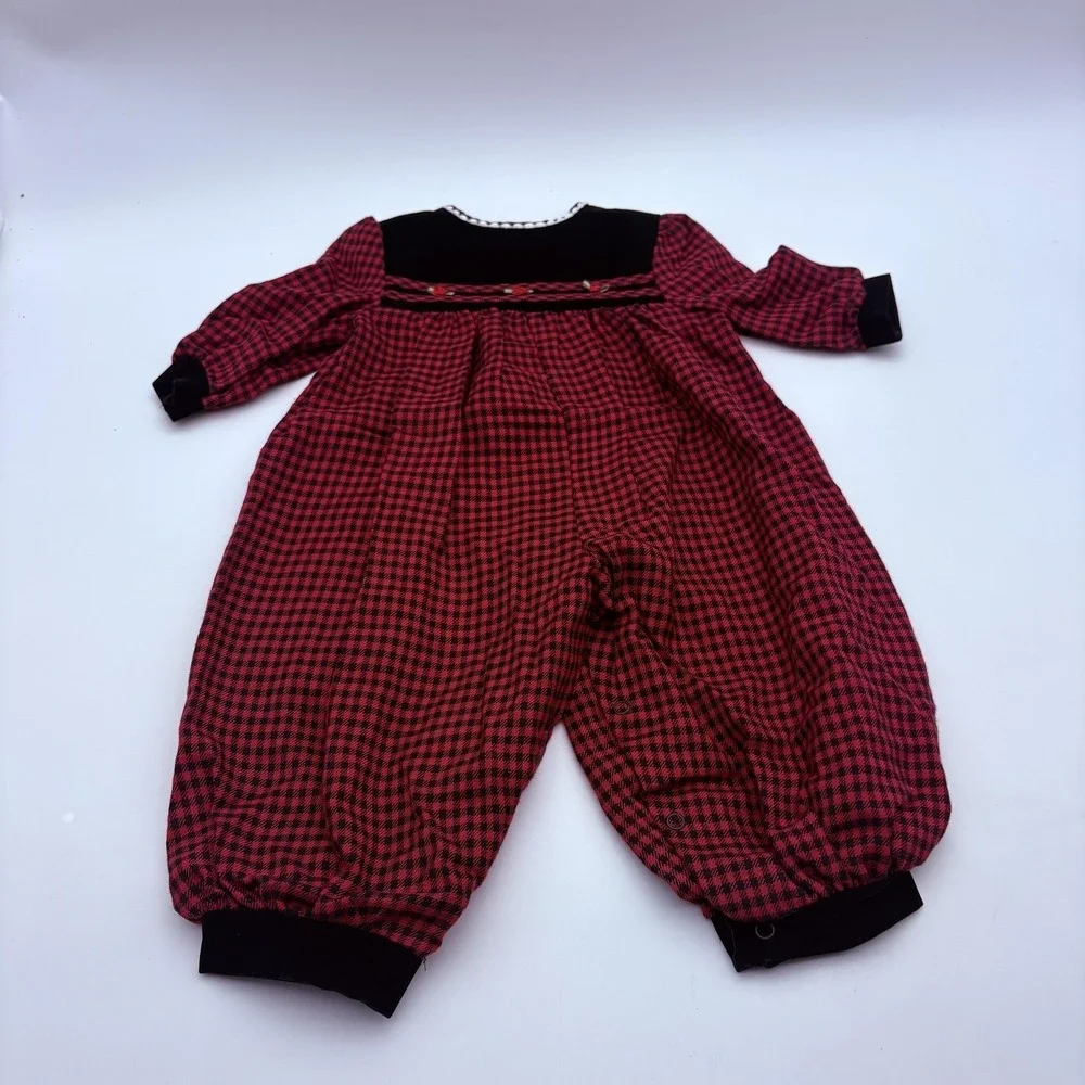 Okie Dokie Coverall Girls 9-12M Red Check Velvet Holiday Cuffed‎ Snap One Piece